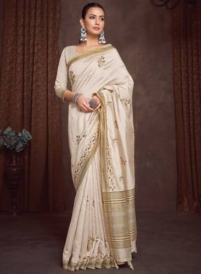 Ethnic motifs zari linen blend kasavu saree 1