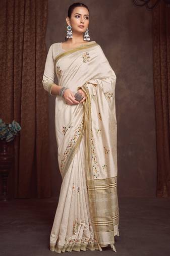 Ethnic motifs zari linen blend kasavu saree