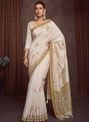 Ethnic motifs zari linen blend kasavu saree 2