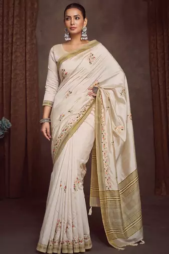 Ethnic motifs zari linen blend kasavu saree