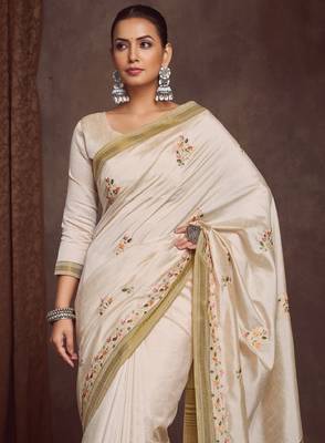 Ethnic motifs zari linen blend kasavu saree 3