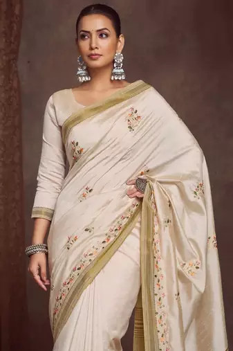 Ethnic motifs zari linen blend kasavu saree