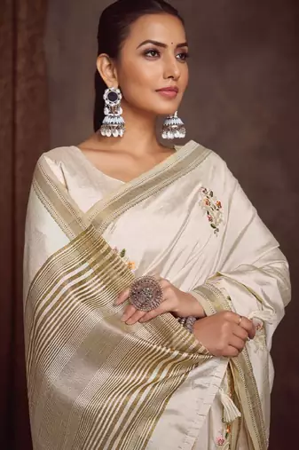 Ethnic motifs zari linen blend kasavu saree