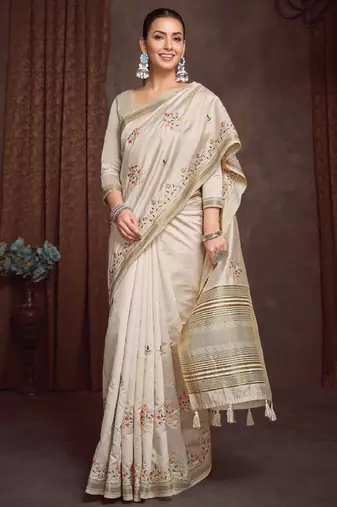 Floral zari linen blend designer kasavu saree