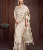 Floral zari linen blend designer kasavu saree