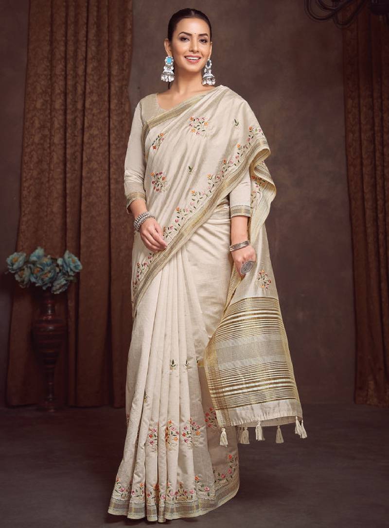 Floral zari linen blend designer kasavu saree