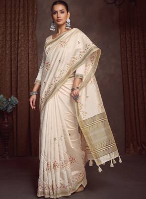 Floral zari linen blend designer kasavu saree 2
