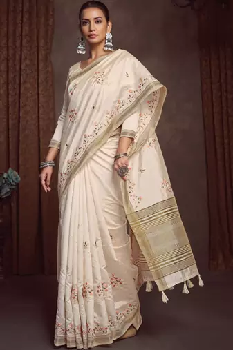 Floral zari linen blend designer kasavu saree