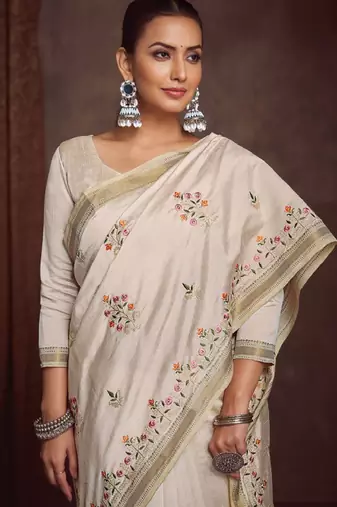 Floral zari linen blend designer kasavu saree