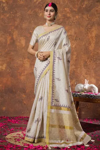 Woven design linen kasavu sarees