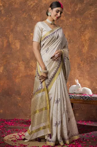 Woven design linen kasavu sarees