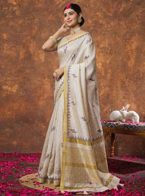 Woven design linen kasavu sarees 3