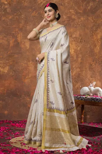 Woven design linen kasavu sarees