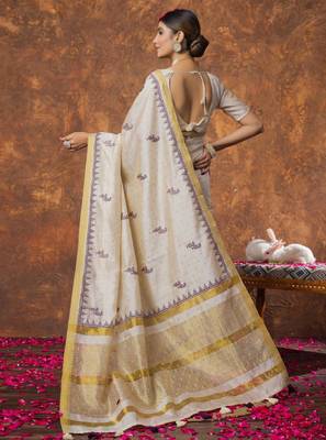 Woven design linen kasavu sarees 4