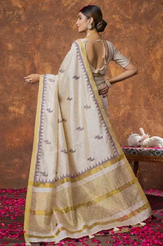 Woven design linen kasavu sarees