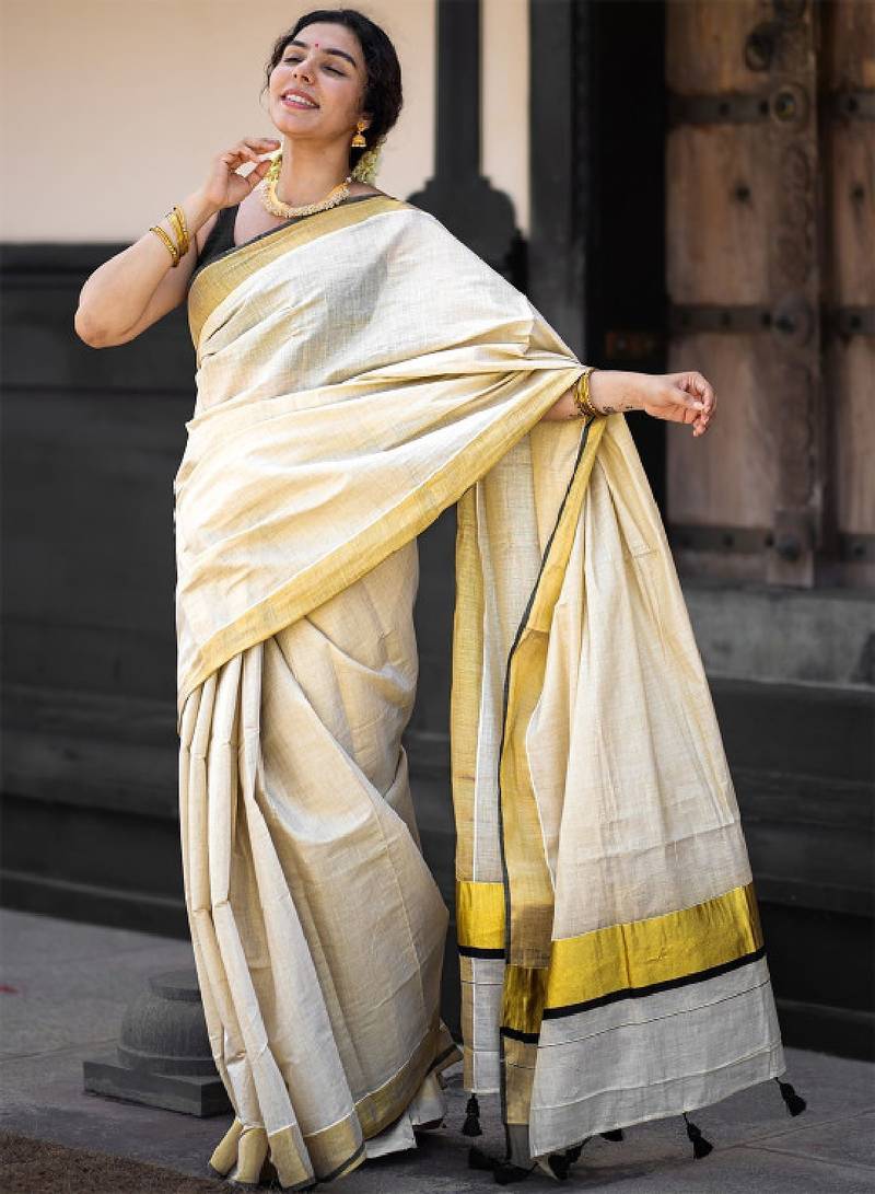 Zari pure cotton kasavu saree