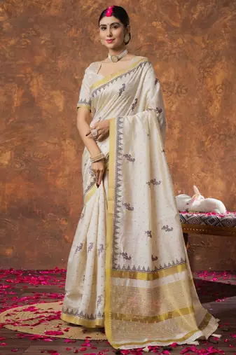 Woven design zari linen blend kasavu sarees