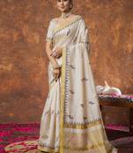 Woven design zari linen blend kasavu sarees