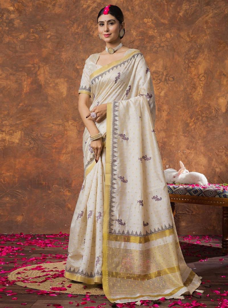 Woven design zari linen blend kasavu sarees