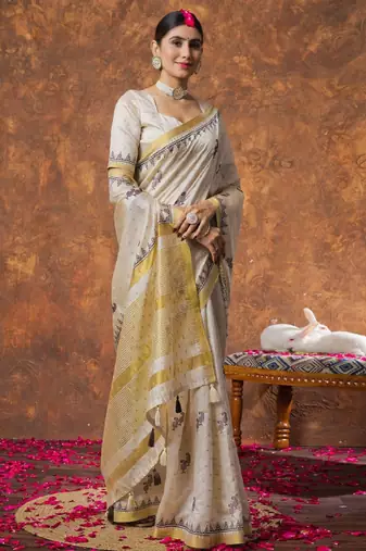 Woven design zari linen blend kasavu sarees