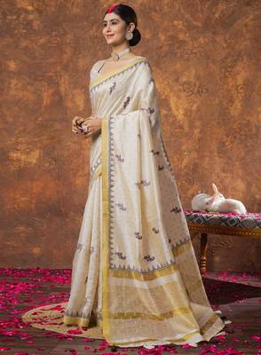 Woven design zari linen blend kasavu sarees 3