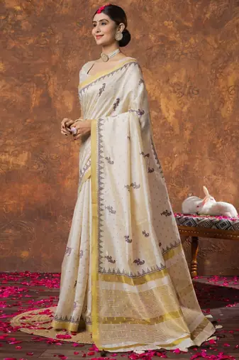 Woven design zari linen blend kasavu sarees
