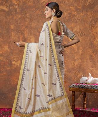 Woven design zari linen blend kasavu sarees 4