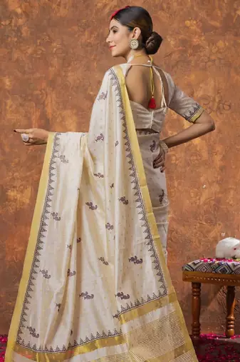 Woven design zari linen blend kasavu sarees