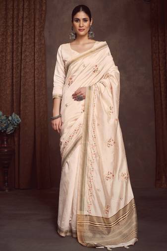 Ethnic motifs zari linen blend kasavu saree