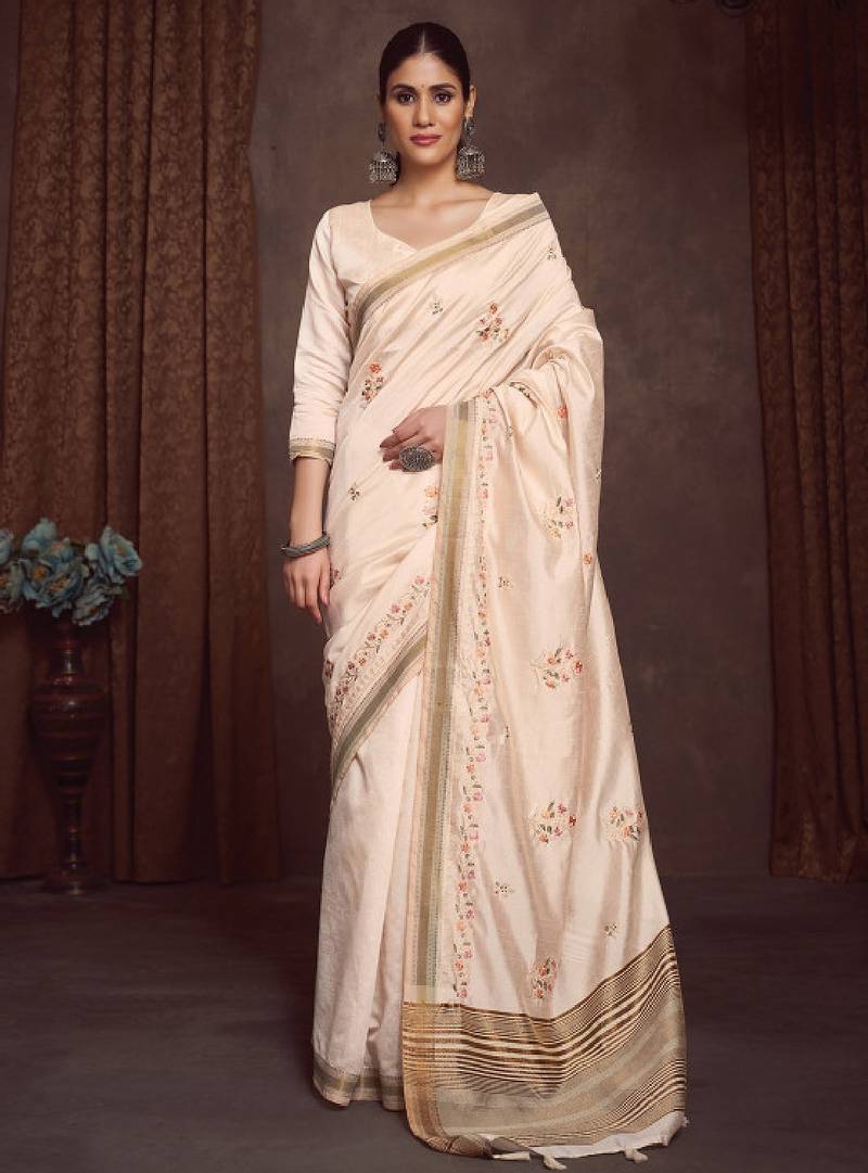 Ethnic motifs zari linen blend kasavu saree