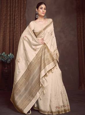 Ethnic motifs zari linen blend kasavu saree 2