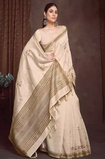 Ethnic motifs zari linen blend kasavu saree