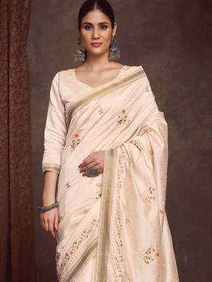 Ethnic motifs zari linen blend kasavu saree 3