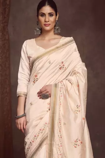 Ethnic motifs zari linen blend kasavu saree