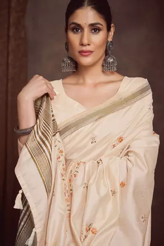 Ethnic motifs zari linen blend kasavu saree