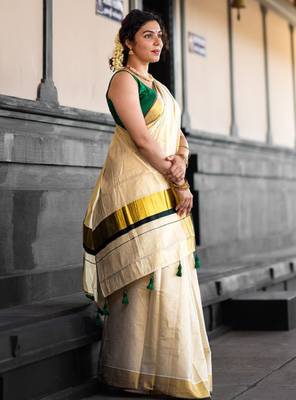 Woven design zari pure cotton kasavu saree 2