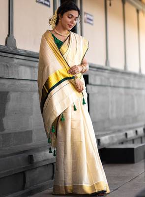 Woven design zari pure cotton kasavu saree 4