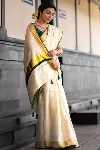 Woven design zari pure cotton kasavu saree