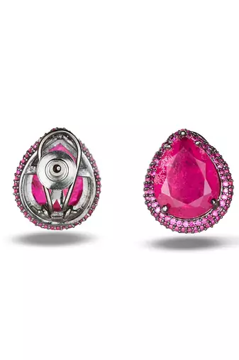 Pink stone metallic stud earrings