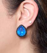 Blue stone metallic stud earrings