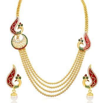 Glistening Peacock Four Strings Gold Plated Necklace Set 2