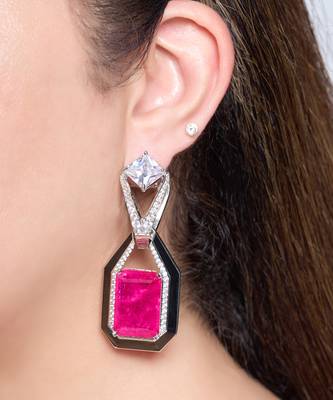 Pink stone silver plated drop earrings 1