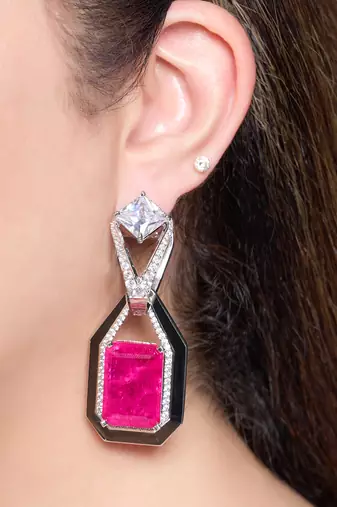 Pink stone silver plated drop earrings
