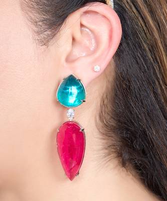 Ruby pink green stone silver plated teardrop earrings 1