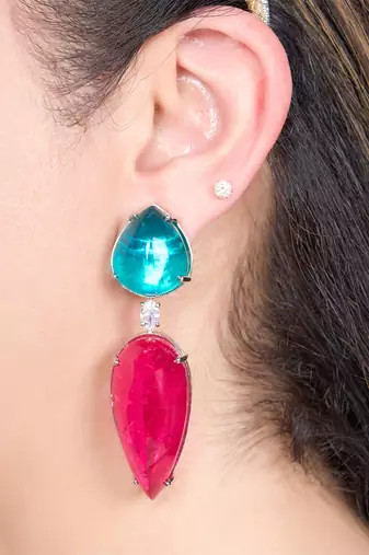 Ruby pink green stone silver plated teardrop earrings