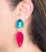 Ruby pink green stone silver plated teardrop earrings