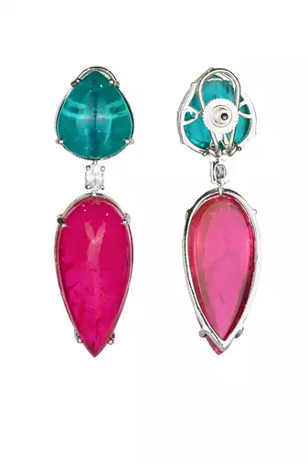 Ruby pink green stone silver plated teardrop earrings