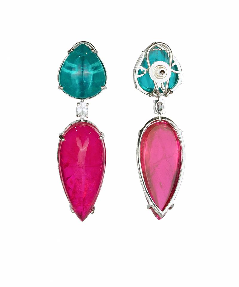 Ruby pink green stone silver plated teardrop earrings