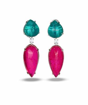 Ruby pink green stone silver plated teardrop earrings 3