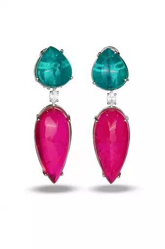 Ruby pink green stone silver plated teardrop earrings